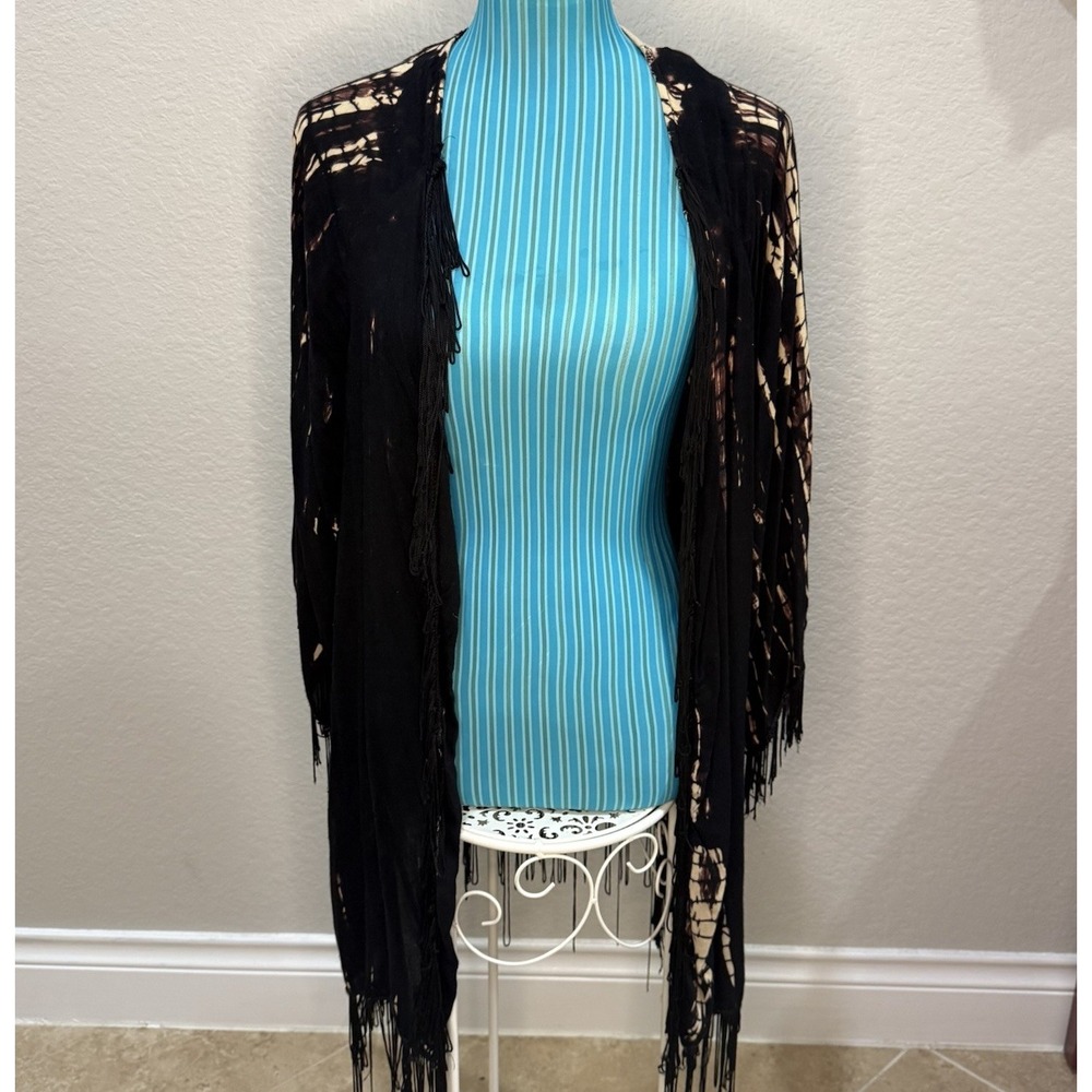 Japna Tie Dye Whimsigoth Open Front Boho Witchy Kimono Cover Up Black/Cream Sz M